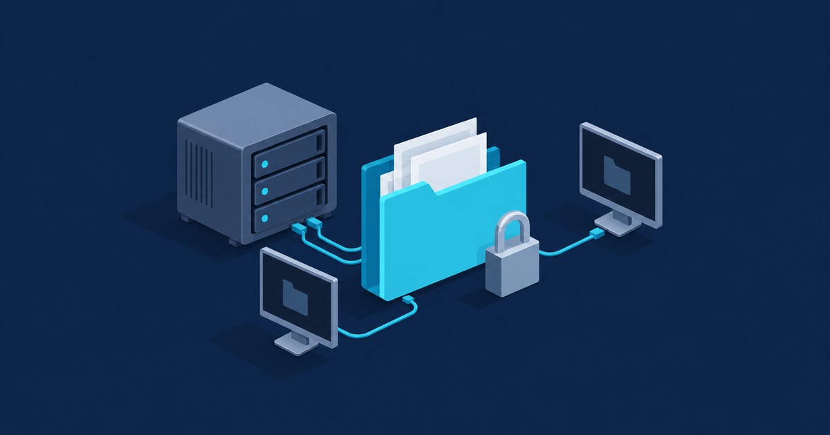 Isometric NAS server with three drive bays cabled to a blue shared folder with a padlock and two monitors showing folder icons on a dark navy background