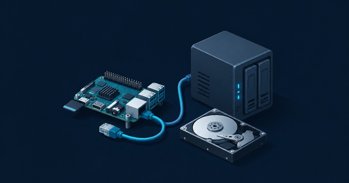 Raspberry Pi board with microSD card linked by blue Ethernet cables to a two-bay NAS enclosure beside an open hard drive on a dark navy background