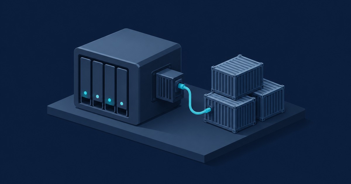 Isometric dark blue scene of a four-bay NAS with glowing drive lights, its plugin module cabled to a stack of three shipping containers representing Docker apps.