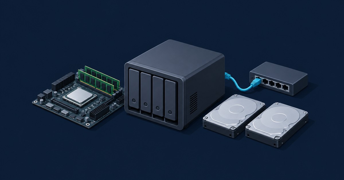 A motherboard with a CPU and two RAM sticks sits beside a four-bay NAS cabinet, two hard drives and a network switch connected by a blue cable on a navy background