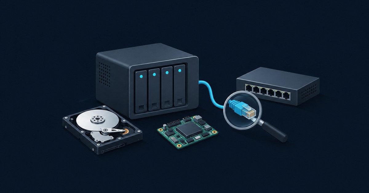 Four-bay NAS enclosure with a blue Ethernet cable under a magnifying glass, beside a network switch, an open hard drive and a circuit board on a dark background