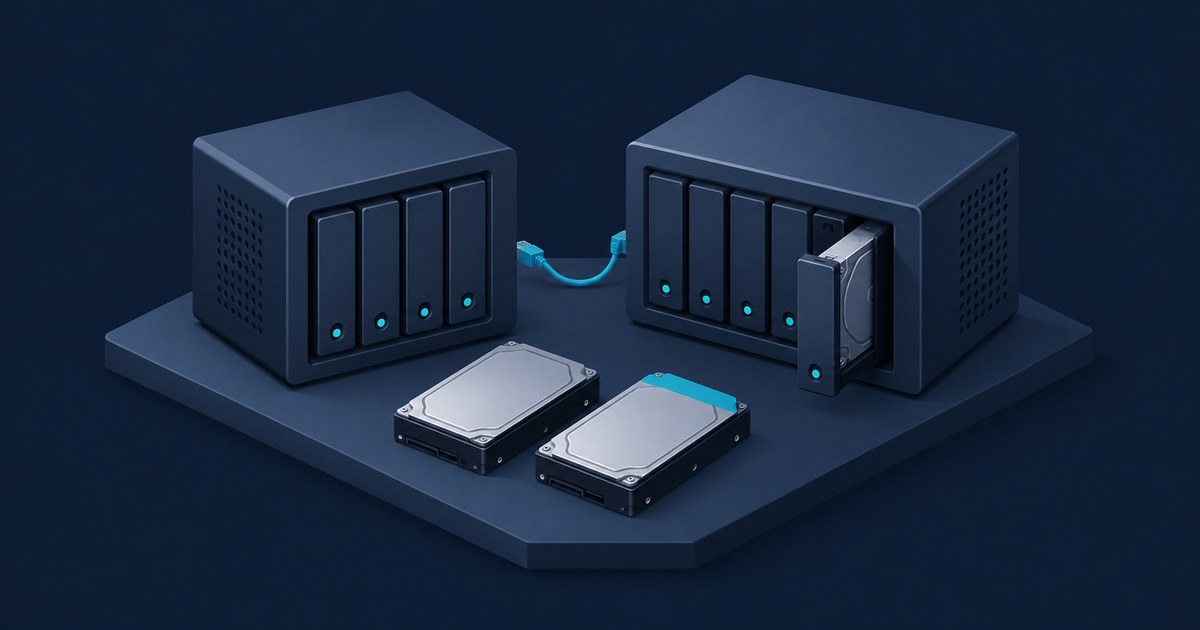 Two dark blue NAS enclosures with glowing drive bays, one with a hard drive half pulled out, joined by a blue network cable above two loose hard drives